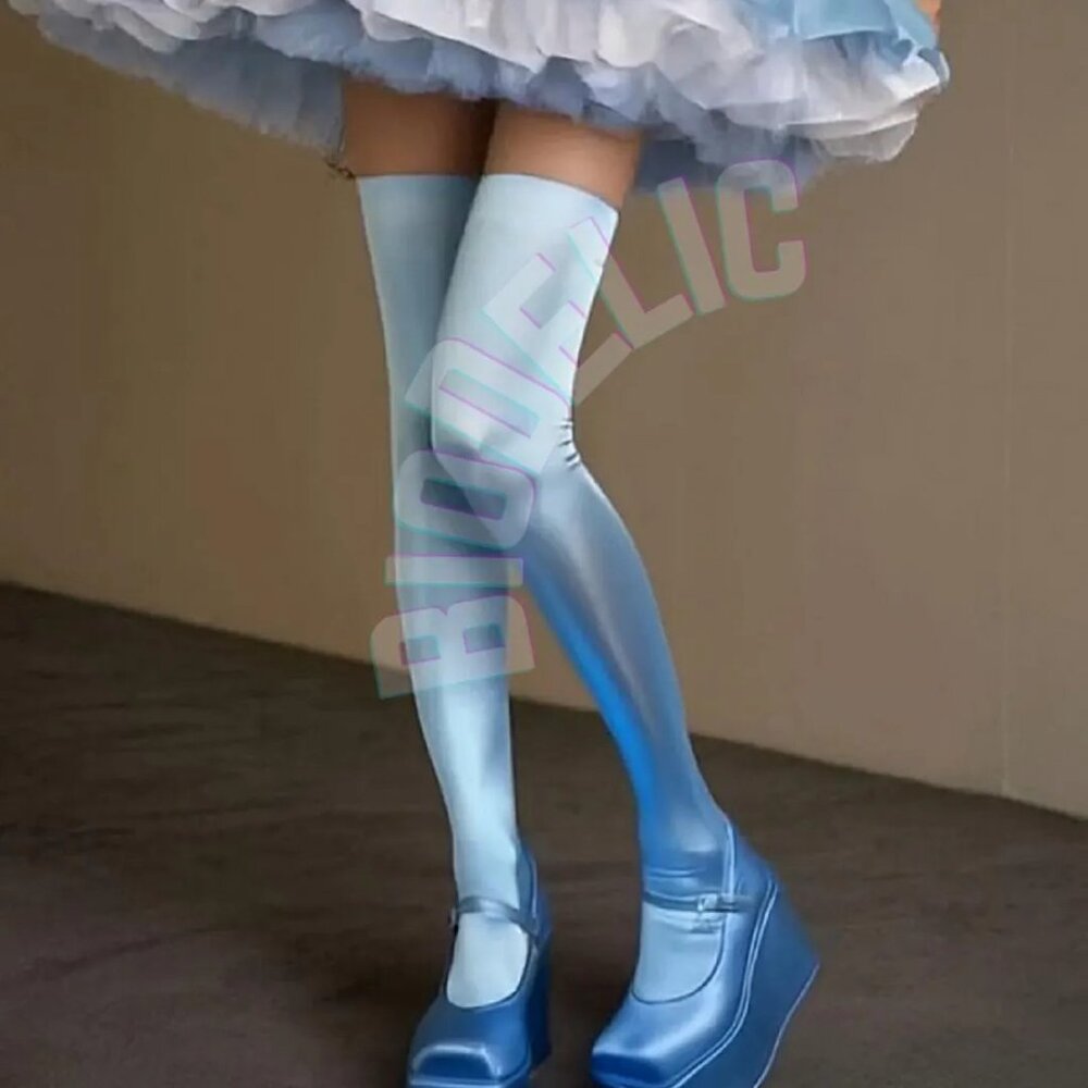 Blue Silk Thigh High Pantyhose, Cute Kawaii stockings